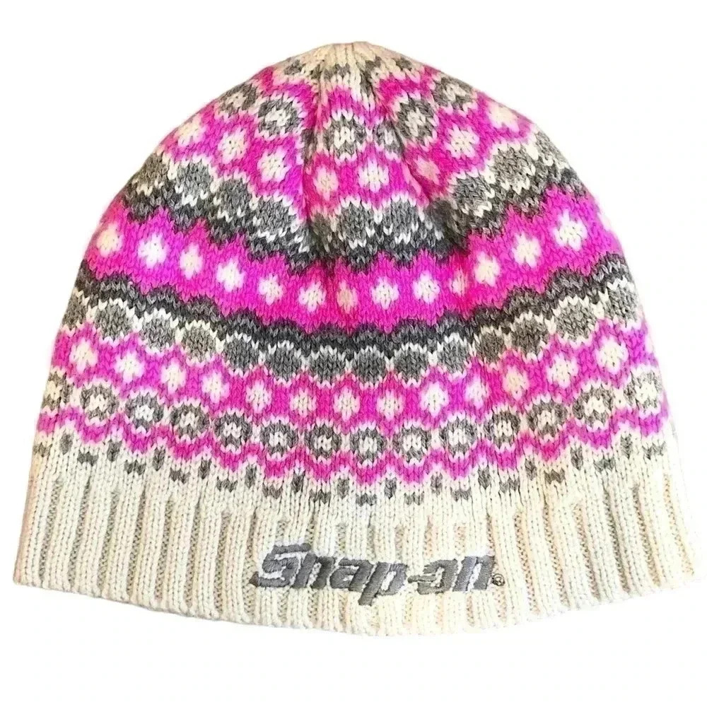 🌈 6/$60, Snap On Beanie, Pink/Cream/Grey, 7.5”x8.5”